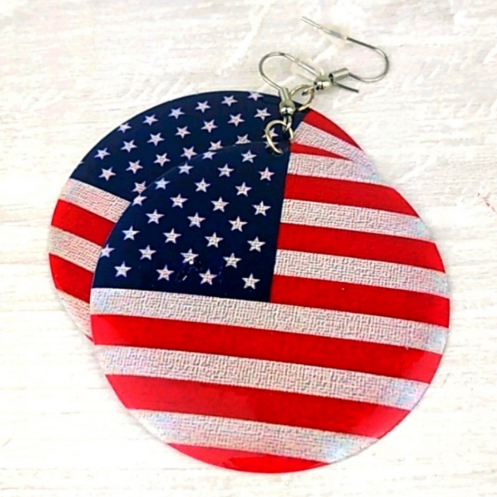 Red White & Blue Flag Disc Dangling Earrings